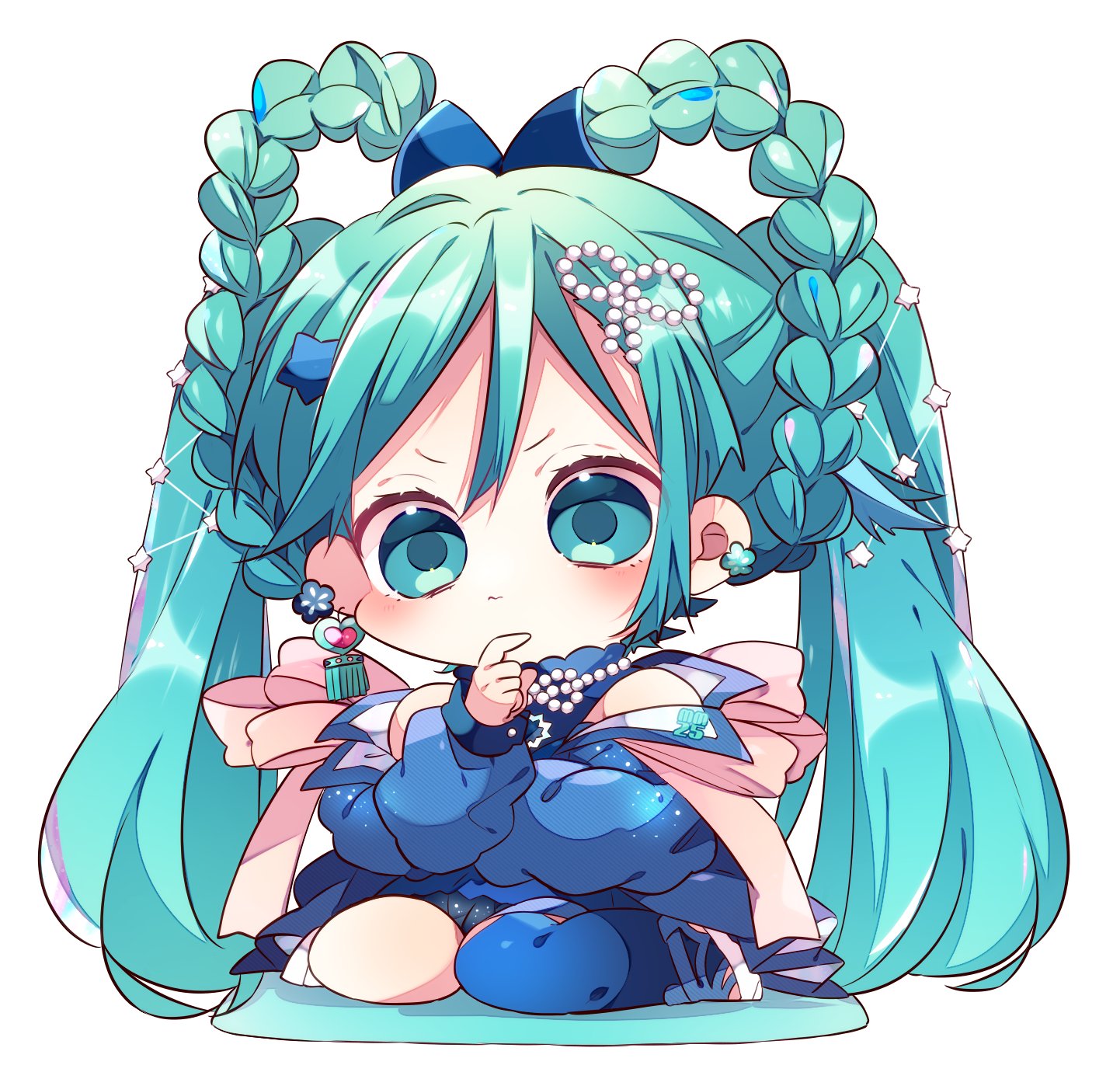 kaho 0102, hatsune miku, vocaloid, commentary request, highres, 1girl, blue dress, blue eyes, blue hair, blue thighhighs, blush, braid, braided hair rings, chibi, chibi only, closed mouth, double-parted bangs, dress, full body, hair rings, hand on own chin, long hair, simple background, single thighhigh, sitting, solo, thighhighs, twintails, v-shaped eyebrows, very long hair, white background