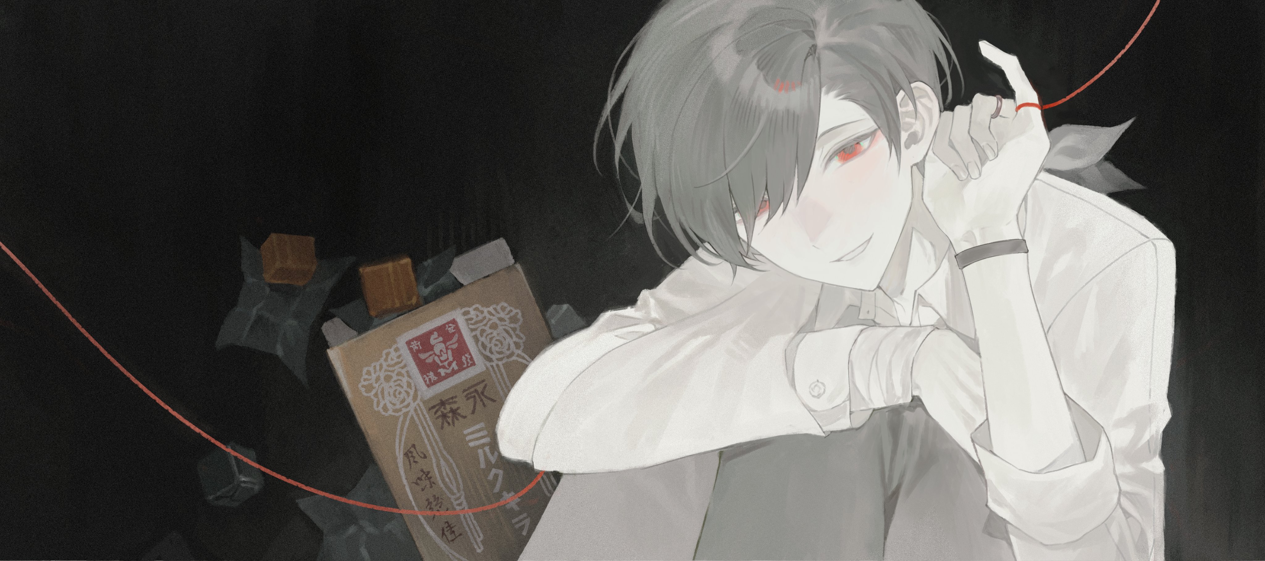 ooe (game), absurdres, highres, 1boy, 3o03, ariake (ooe), bandaged arm, bandages, black background, caramel, collared shirt, grey hair, grey pants, hair over one eye, long sleeves, looking at viewer, male focus, pants, red eyes, shirt, short hair, simple background, sitting, smile, solo, string, string of fate, white shirt