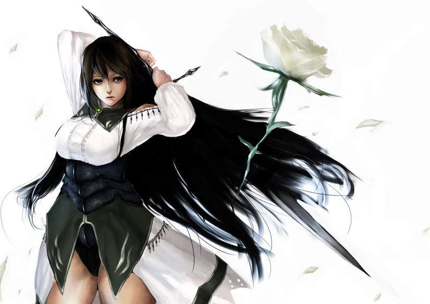 asanuma, fantasy earth zero, bad id, bad pixiv id, 1girl, arms up, black hair, cowboy shot, female focus, flower, long hair, realistic, rose, solo, sword, thighs, underbust, very long hair, weapon, white background, white flower, white rose