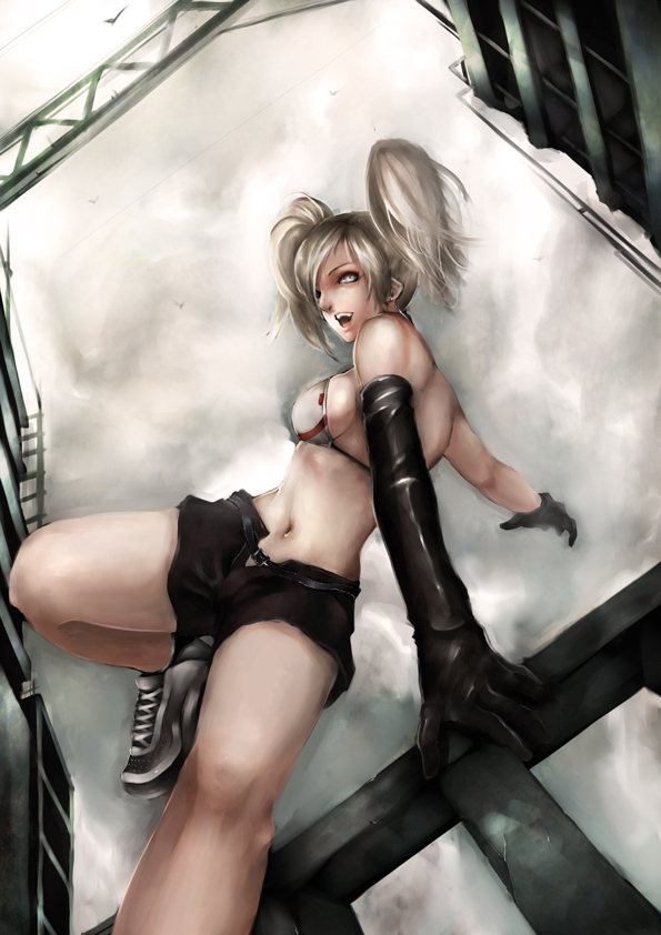asanuma, original, silver hair, bad id, bad pixiv id, 1girl, bikini, bikini top only, black bikini, female focus, gloves, grey eyes, long hair, open fly, shorts, solo, swimsuit, twintails, unzipped