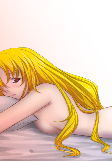 nichimatsu seri, fate testarossa, lyrical nanoha, mahou shoujo lyrical nanoha, mahou shoujo lyrical nanoha a's, mahou shoujo lyrical nanoha strikers, bad id, bad pixiv id, 00s, 1girl, bed, blonde hair, blush, breasts, female focus, long hair, lying, medium breasts, nude, red eyes, solo