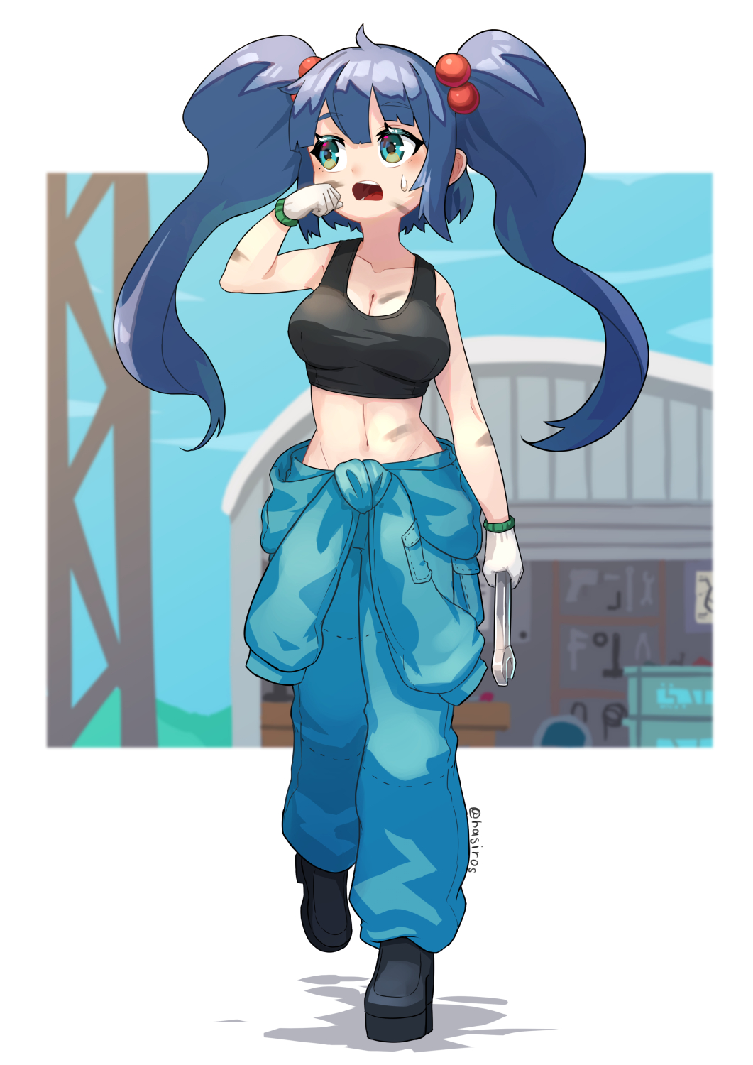 hashiro, kawashiro nitori, touhou, commentary request, highres, 1girl, alternate costume, alternate hair length, alternate hairstyle, black boots, black tank top, blue eyes, blue hair, blue jumpsuit, boots, breasts, cleavage, full body, gloves, hair bobbles, hair ornament, holding, holding wrench, jumpsuit, jumpsuit around waist, large breasts, long hair, looking afar, midriff, navel, open mouth, solo, tank top, twintails, walking, white background, white gloves, workshop, wrench