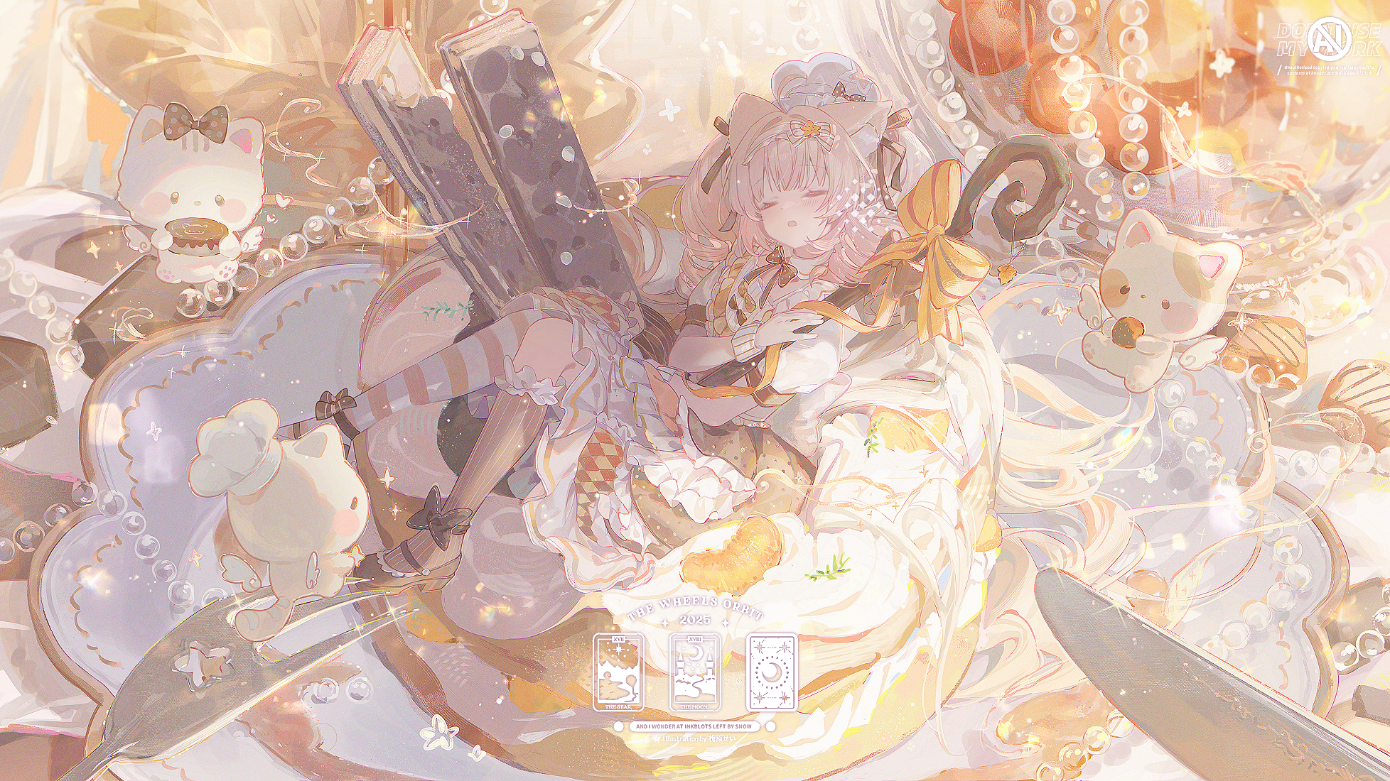 umehara sei, original, commentary, highres, symbol-only commentary, 1girl, animal ear fluff, animal ears, blonde hair, blush, bow, breasts, cake, cat, chef hat, closed eyes, dress, drill hair, food, fork, hair bow, hair ornament, hat, holding, holding staff, long hair, open mouth, shoes, short sleeves, sleeping, staff, striped clothes, striped thighhighs, thighhighs, twin drills, white dress