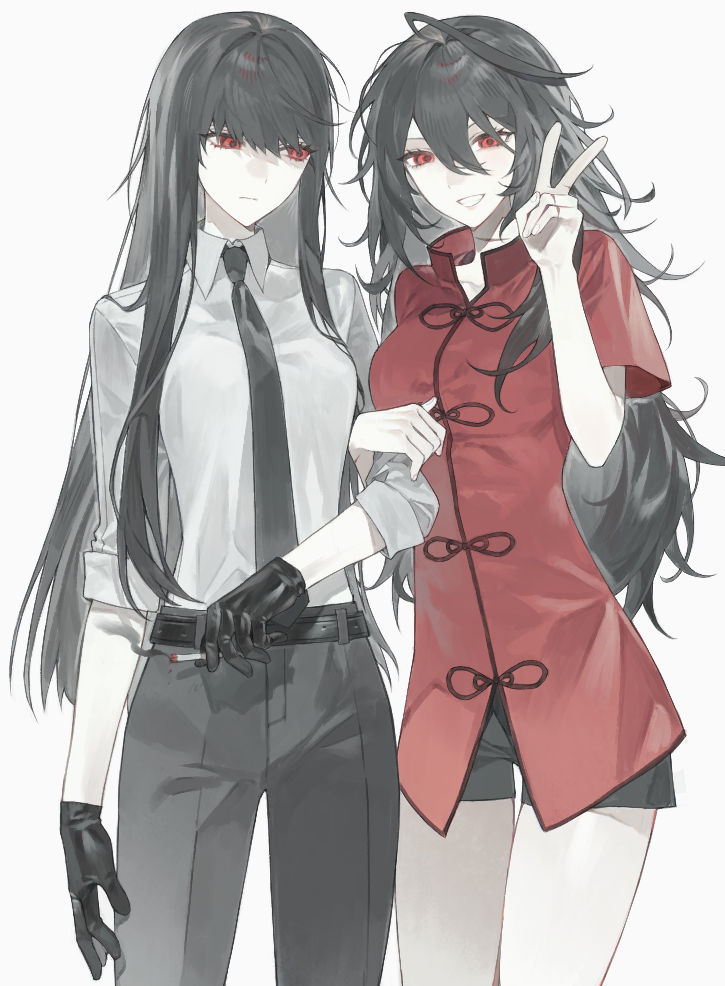 oosaki (ooe), ooe (game), absurdres, highres, korean commentary, 2girls, 3o03, belt, black belt, black gloves, black hair, black necktie, black pants, black shorts, breasts, chinese clothes, cigarette, closed mouth, collared shirt, cowboy shot, daiba shizuma, genderswap, genderswap (mtf), gloves, hair between eyes, holding, holding cigarette, long hair, multiple girls, necktie, pants, red eyes, red shirt, shirt, short shorts, short sleeves, shorts, simple background, smile, v, very long hair, white background, white shirt