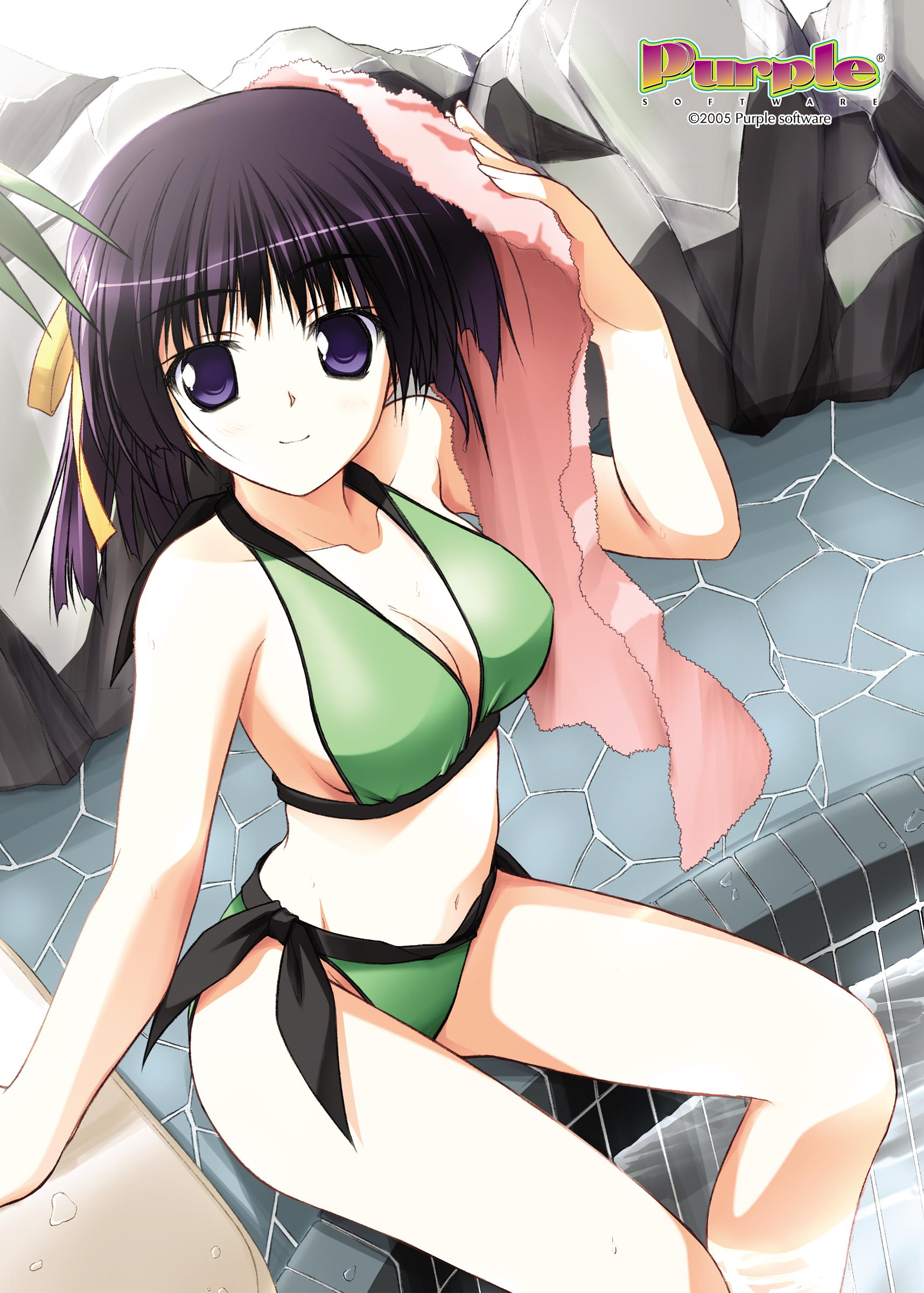 tsukimori hiro, tokura mayu, akiiro renka, purple software, absurdres, highres, official art, 00s, 1girl, 2005, bare shoulders, bath, bikini, blue eyes, breasts, cleavage, drying, drying hair, drying own hair, female focus, green bikini, hair ribbon, halterneck, kickboard, navel, pool, poolside, purple eyes, purple hair, ribbon, side-tie bikini bottom, sideboob, sitting, smile, soaking feet, solo, swimsuit, towel, towel on head, water