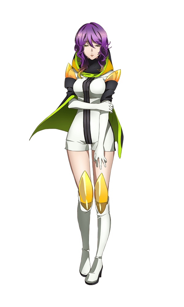 gina (gnosia), gnosia, official art, 1girl, anime coloring, bodysuit, boots, breasts, capelet, closed mouth, full body, gradient hair, hair between eyes, hand on own arm, hood, knee boots, knee guards, large breasts, lips, long sleeves, looking at viewer, matsuura arisa (artist), medium hair, multicolored hair, pink hair, purple hair, simple background, solo, standing, tachi-e, thighs, transparent background, tsurime, wavy hair, white bodysuit, white boots, yellow eyes