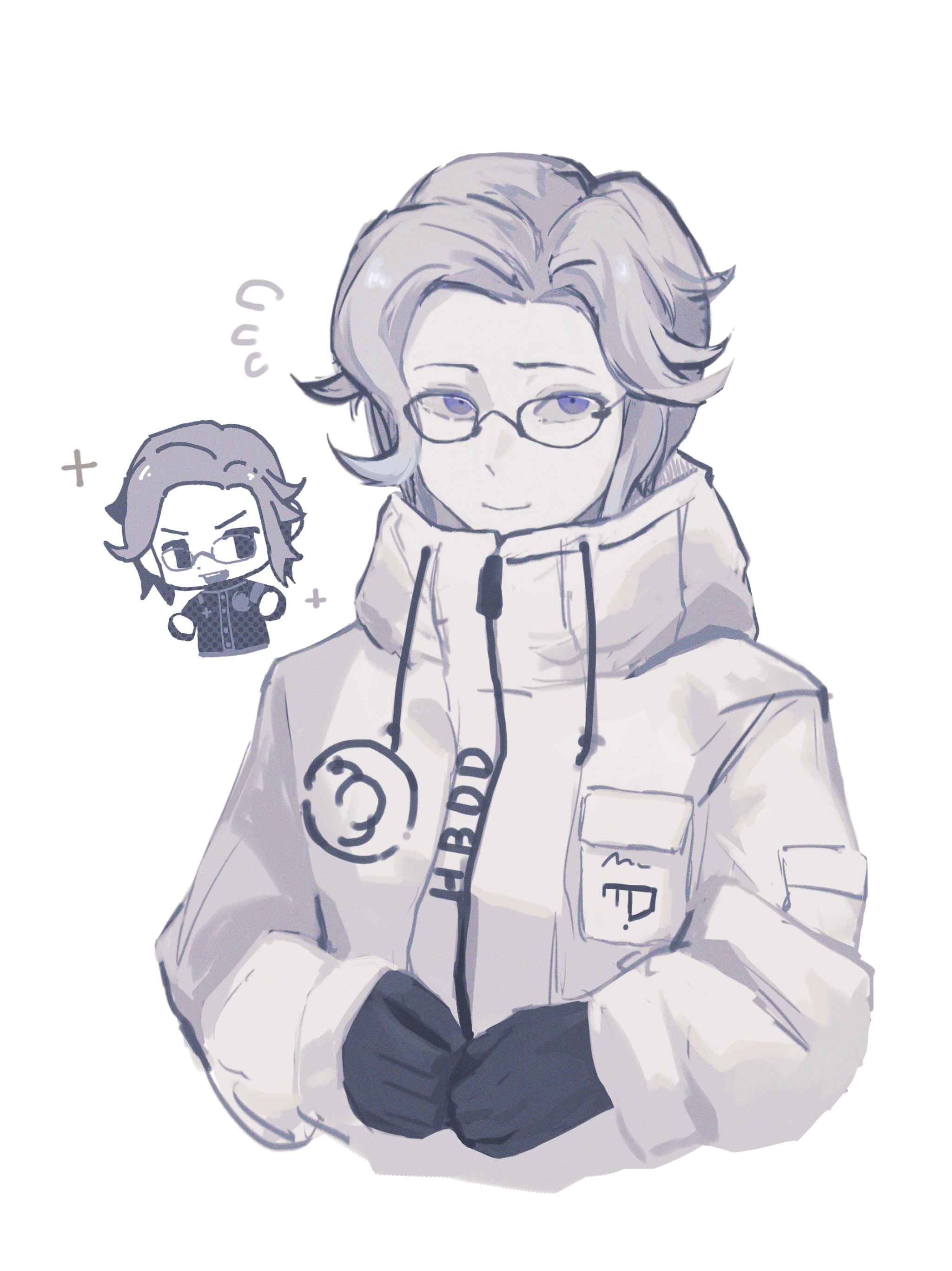 aotsuki eito, the hundred line -last defense academy-, absurdres, chinese commentary, commentary, highres, 1boy, black gloves, black jacket, breast pocket, chibi, chibi inset, cropped torso, flying sweatdrops, gakuran, glasses, gloves, grey hair, jacket, last defense academy school uniform, looking at viewer, male focus, pocket, purple eyes, school uniform, short hair, simple background, sleeve pouch, smile, sparkle, whalefallofsin, white background, white jacket