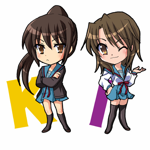 koizumi itsuki, koizumi itsuki (female), kyon, kyonko, suzumiya haruhi no yuuutsu, lowres, 00s, 2girls, :<, chibi, genderswap, genderswap (mtf), multiple girls, ponytail, school uniform, serafuku, thighhighs