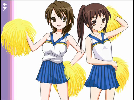 koizumi itsuki, koizumi itsuki (female), kyon, kyonko, suzumiya haruhi no yuuutsu, 00s, 2girls, cheerleader, genderswap, genderswap (mtf), multiple girls, pom pom (cheerleading), ponytail, simple background, white background