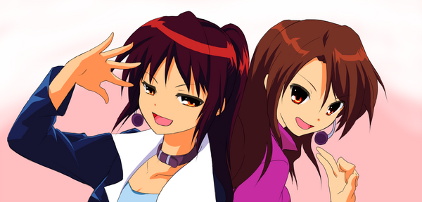 koizumi itsuki, koizumi itsuki (female), kyon, kyonko, suzumiya haruhi-chan no yuuutsu, suzumiya haruhi no yuuutsu, gender request, 00s, 2girls, :d, back-to-back, brown eyes, brown hair, choker, collarbone, formal clothes, genderswap, long sleeves, looking at viewer, multiple girls, open mouth, ponytail, smile, suit