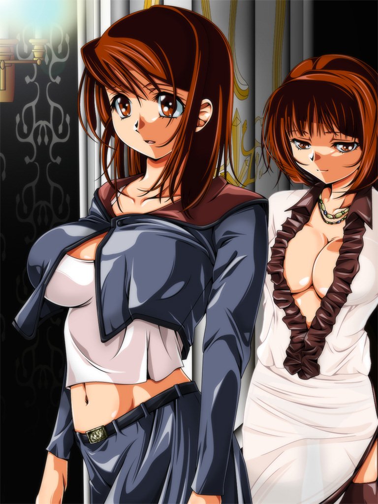 2girls, breasts, brown eyes, brown hair, cleavage, dress, jacket, jewelry, large breasts, multiple girls, navel, necklace, shirt, short hair, skirt, white shirt, white theme