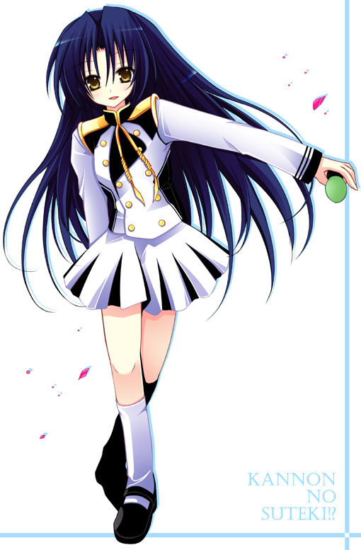 kannon ouji, kisaragi chihaya, idolmaster, idolmaster (classic), white legwear, 00s, 1girl, band uniform, black shoes, blue hair, buttons, female focus, full body, long hair, looking at viewer, microphone, shoes, solo, standing, white background, yellow eyes