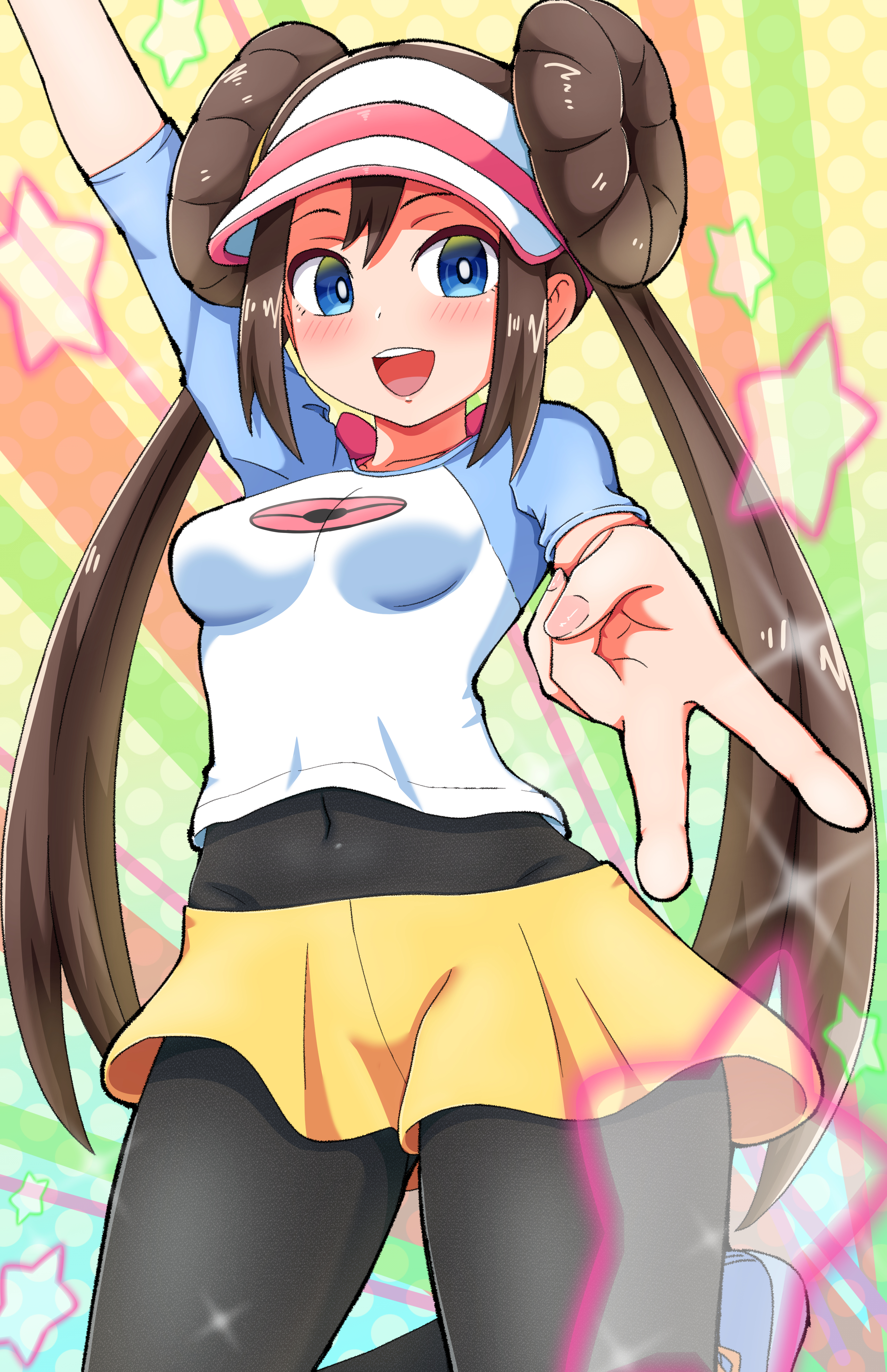 maho (corotonton5150), rosa (pokemon), nintendo, pokemon, pokemon bw2, absurdres, commentary request, highres, 1girl, :d, blue eyes, blush, breasts, bright pupils, brown hair, covered navel, double bun, hair bun, happy, long hair, looking at viewer, open mouth, pantyhose, raglan sleeves, shirt, shorts, smile, solo, star (symbol), teeth, tongue, twintails, upper teeth only, v, visor cap, white pupils, yellow shorts
