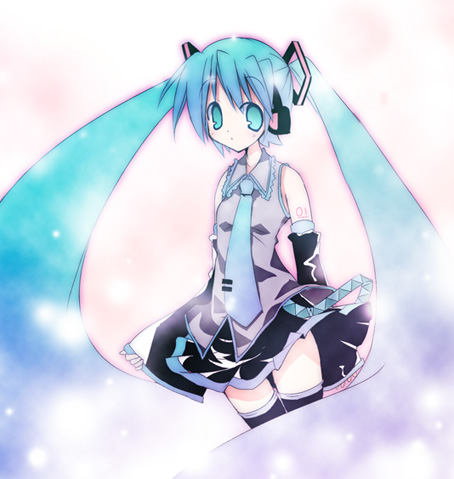 paco, hatsune miku, vocaloid, lowres, 1girl, aqua hair, female focus, long hair, necktie, solo, thighhighs, twintails, very long hair, zettai ryouiki
