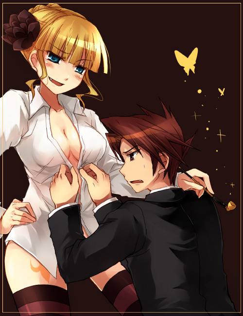 suzushiro kurumi, beatrice (umineko), ushiromiya battler, umineko no naku koro ni, framed, 00s, 1boy, 1girl, blonde hair, blue eyes, blush, bottomless, breasts, brown eyes, brown hair, bug, butterfly, cleavage, fang, femdom, flower, formal clothes, hair flower, hair ornament, hand on own hip, hip focus, holding, holding smoking pipe, insect, kiseru, large breasts, smoking pipe, sparkle, striped clothes, striped thighhighs, thighhighs, undressing