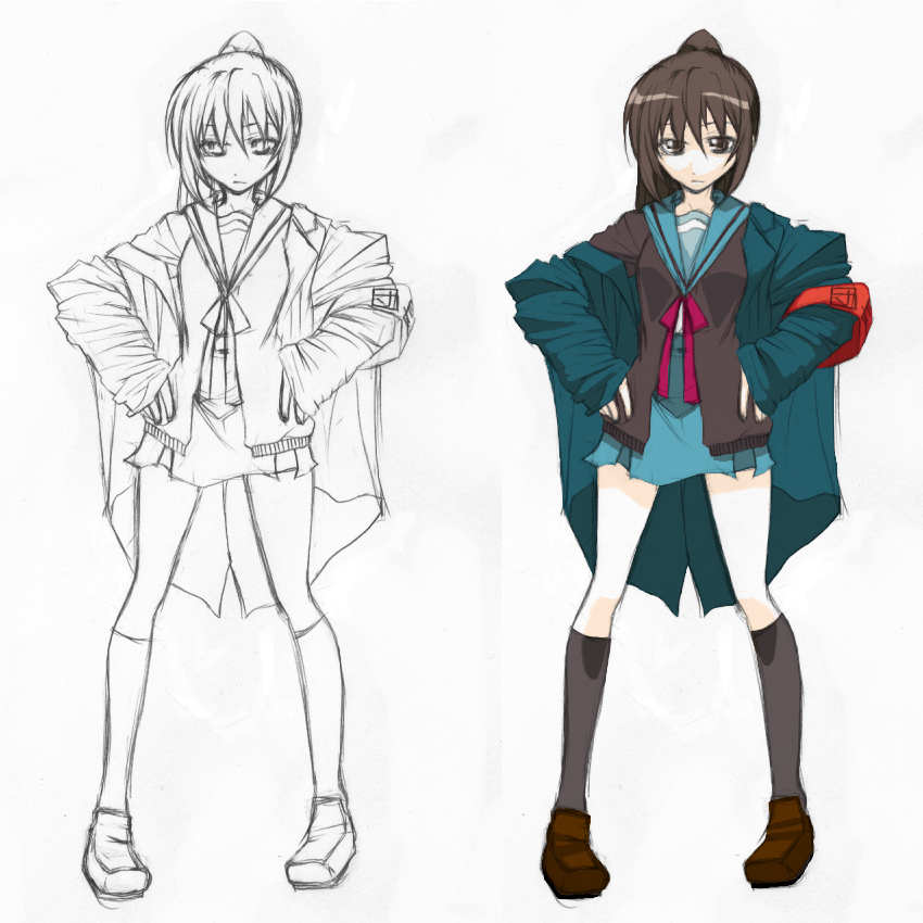 aoba (dxdex), kyon, kyonko, suzumiya haruhi no yuuutsu, gender request, 00s, 1girl, cardigan, female focus, full body, genderswap, ponytail, school uniform, serafuku, simple background, sketch, solo
