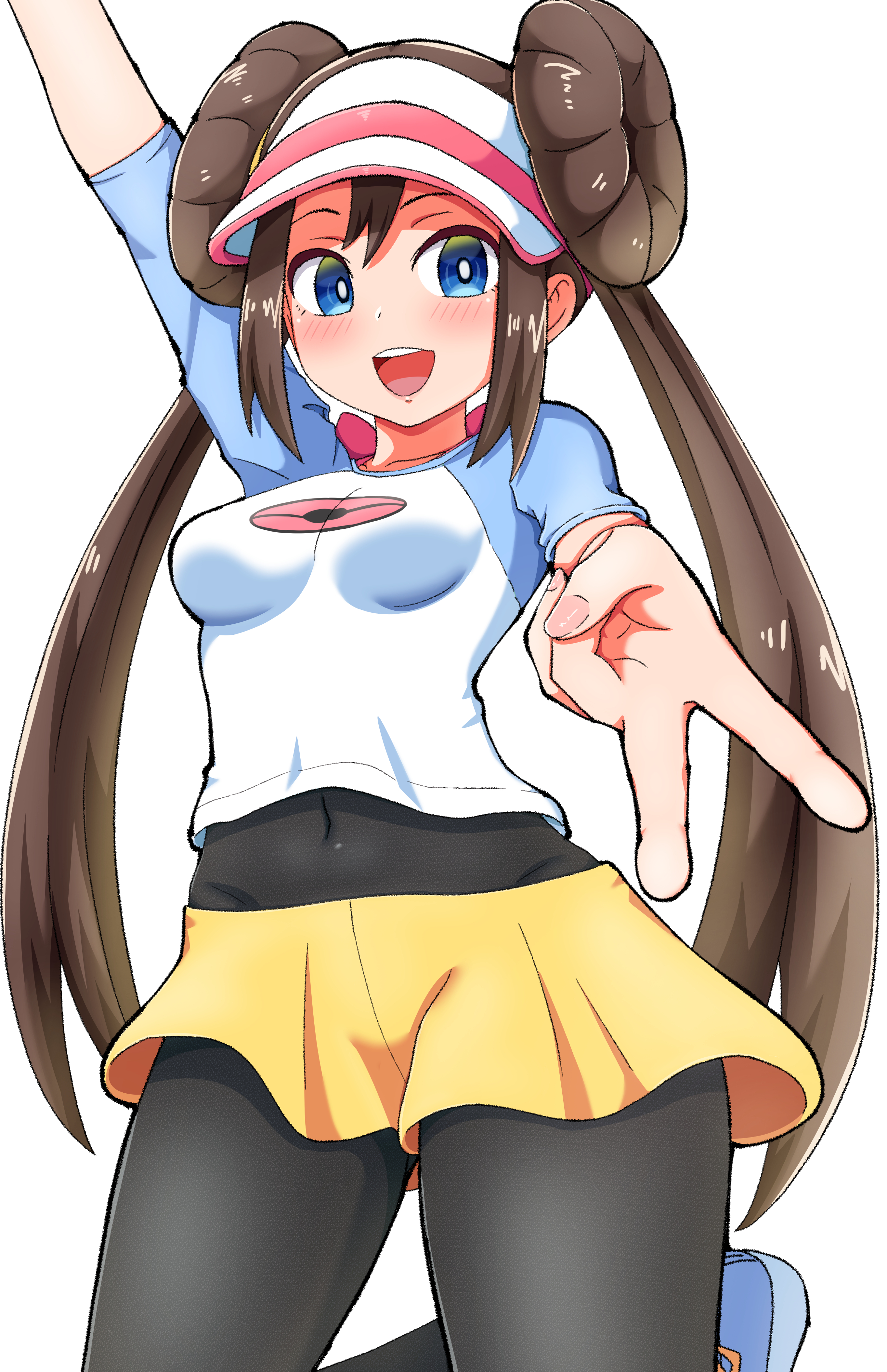 maho (corotonton5150), rosa (pokemon), nintendo, pokemon, pokemon bw2, absurdres, commentary request, highres, 1girl, :d, blue eyes, blush, breasts, bright pupils, brown hair, covered navel, double bun, hair bun, happy, long hair, looking at viewer, open mouth, pantyhose, raglan sleeves, shirt, shorts, simple background, smile, solo, teeth, tongue, twintails, upper teeth only, v, visor cap, white background, white pupils, yellow shorts