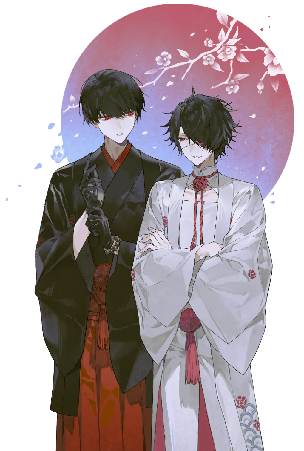 oosaki (ooe), shinbashi (ooe), ooe (game), highres, 2boys, 3o03, adjusting clothes, alternate costume, black gloves, black hair, black kimono, cowboy shot, crossed arms, eyepatch, floral print, flower, gloves, hair over one eye, hakama, japanese clothes, jewelry, kimono, long sleeves, looking at another, male focus, multiple boys, one eye covered, pants, parted lips, petals, red eyes, red flower, red hakama, short hair, smile, standing, white background, white kimono, white pants, wide sleeves