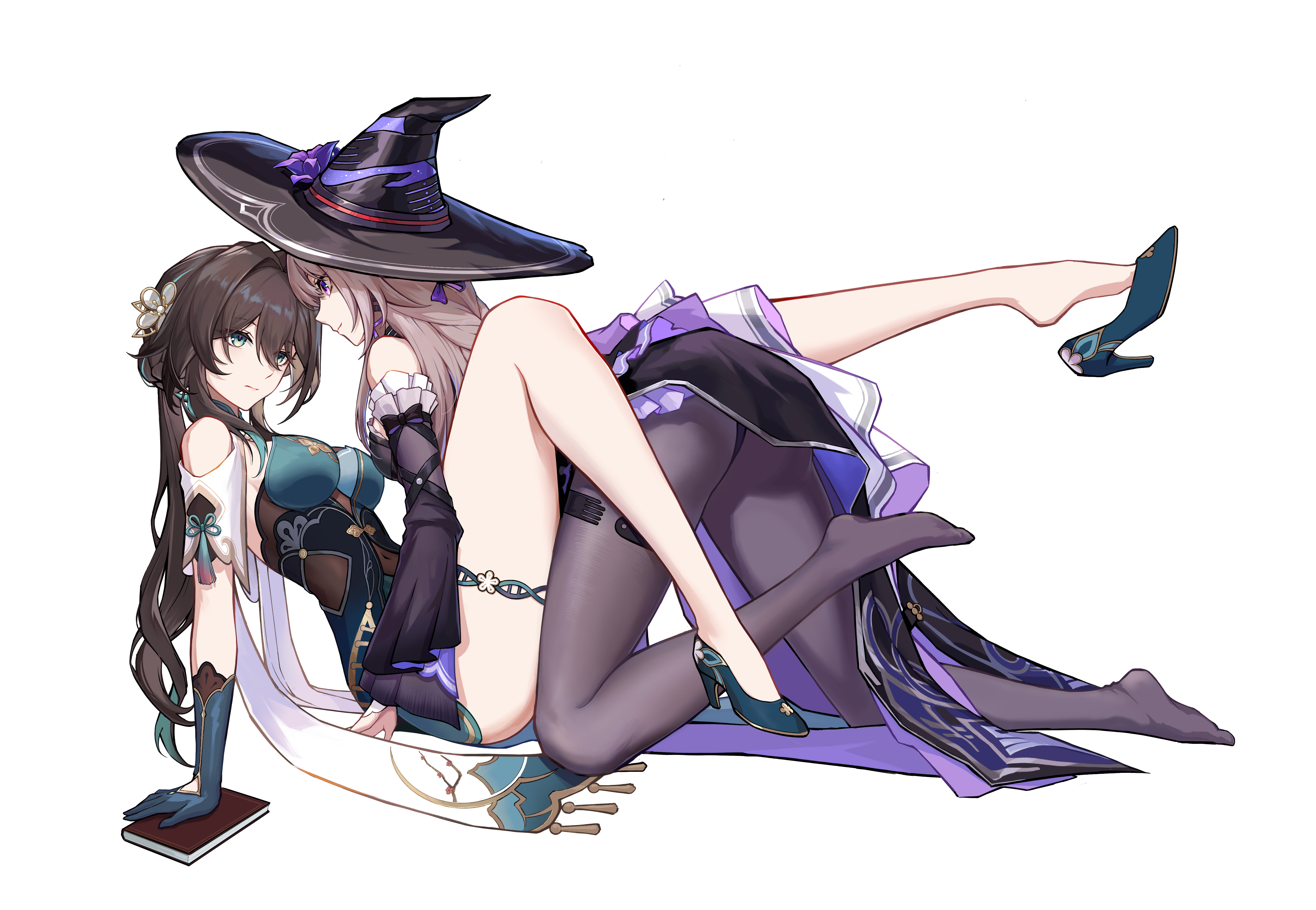 setsu (qjsj1993aa), herta (honkai: star rail), ruan mei (honkai: star rail), the herta (honkai: star rail), honkai: star rail, honkai (series), absurdres, commentary request, highres, 2girls, all fours, ass, bare shoulders, between legs, black dress, black pantyhose, book, breasts, brown hair, clothing cutout, dress, expressionless, flower, full body, gloves, green dress, green eyes, green gloves, green shoes, hair between eyes, hat, hat flower, high heels, legs up, long hair, looking at another, looking at viewer, medium breasts, multiple girls, pantyhose, pumps, purple eyes, purple flower, shoe dangle, shoes, shoulder cutout, simple background, sitting, smile, spread legs, thigh strap, white background, witch hat, yuri