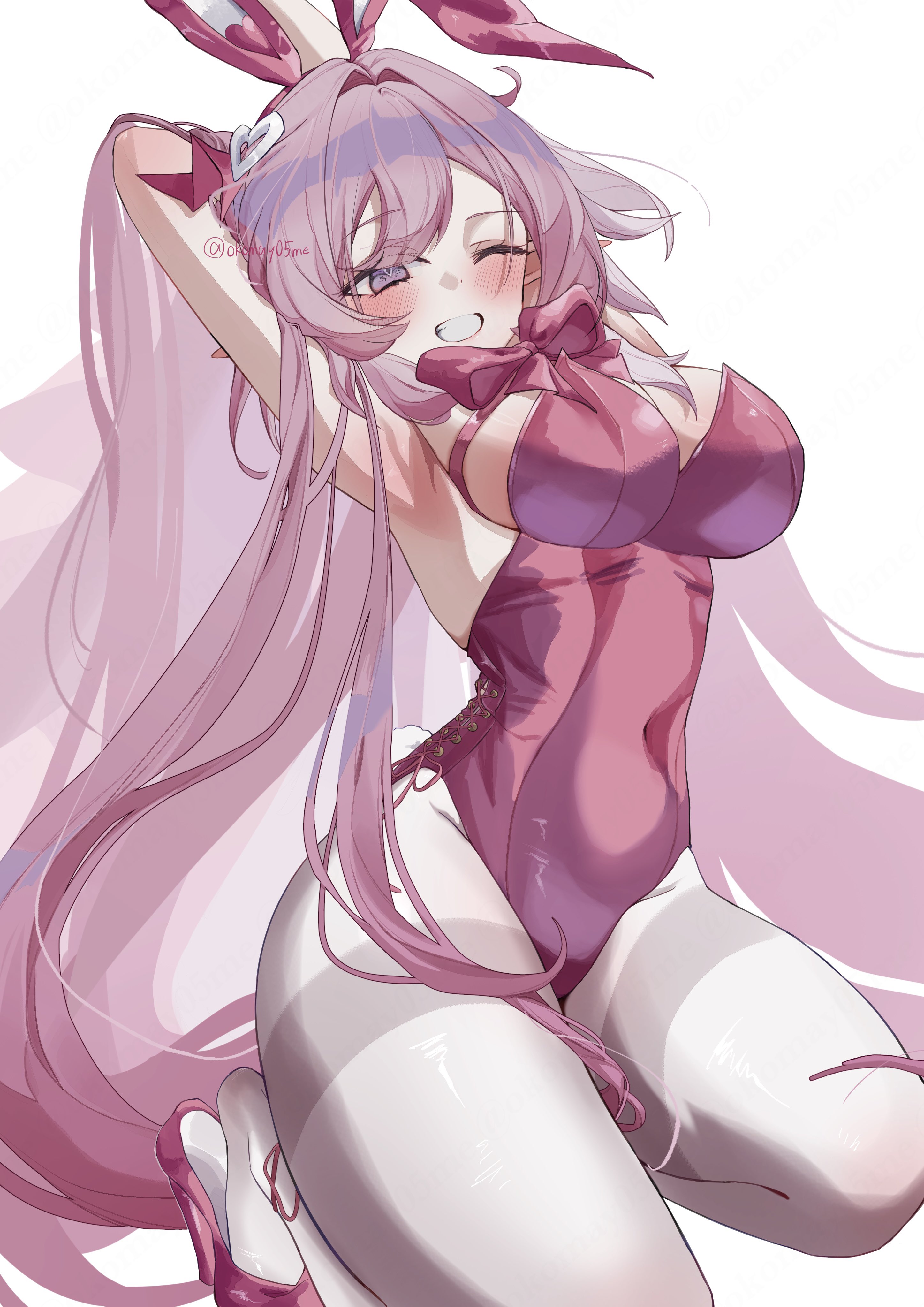 komay (okomay05me), elysia (honkai impact), honkai (series), honkai impact 3rd, absurdres, commentary request, highres, 1girl, ;), alternate costume, animal ears, armpits, arms behind head, breasts, covered navel, elf, fake animal ears, high heels, large breasts, leotard, long hair, one eye closed, pantyhose, pink hair, pink leotard (dq), playboy bunny, pointy ears, purple eyes, rabbit ears, seiza, simple background, sitting, smile, solo, twitter username, very long hair, white background, white pantyhose