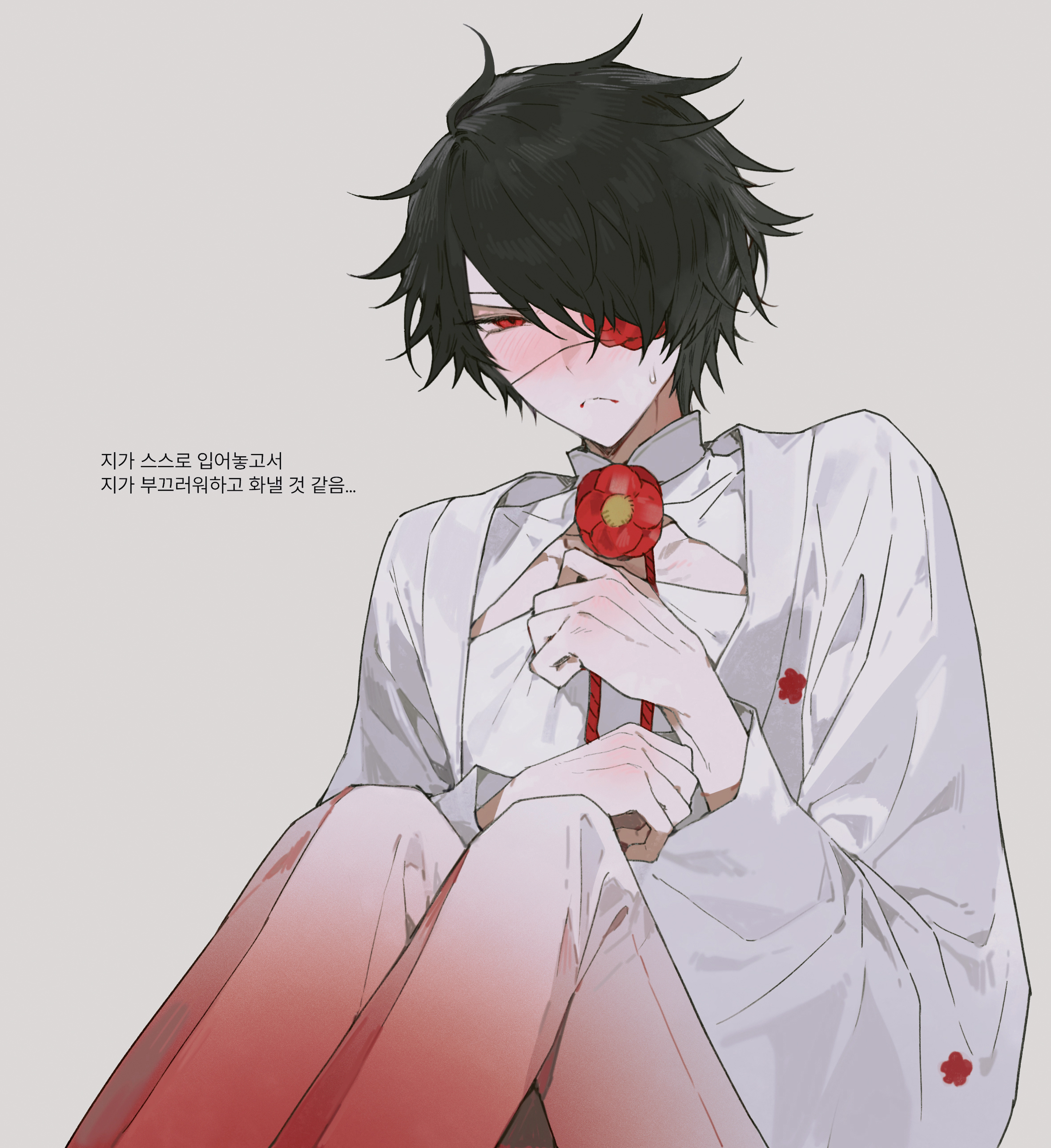 shinbashi (ooe), ooe (game), absurdres, highres, 1boy, 3o03, black hair, blush, closed mouth, eyepatch, flower, holding, japanese clothes, korean text, long sleeves, male focus, one eye covered, pants, red eyes, red flower, shirt, short hair, simple background, sitting, solo, white background, white shirt