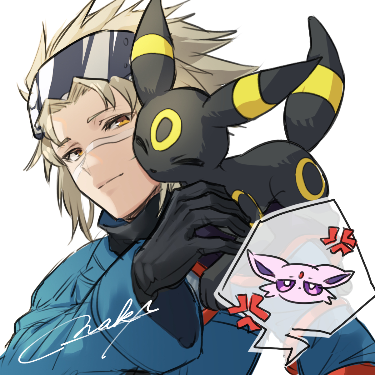 naka (easygoing naka), espeon, umbreon, wes (pokemon), nintendo, pokemon, pokemon colosseum, commentary request, highres, 1boy, anger vein, black gloves, blonde hair, blue coat, closed mouth, coat, gen 2 pokemon, gloves, hand up, long sleeves, looking down, male focus, pokemon (creature), short hair, signature, simple background, white background