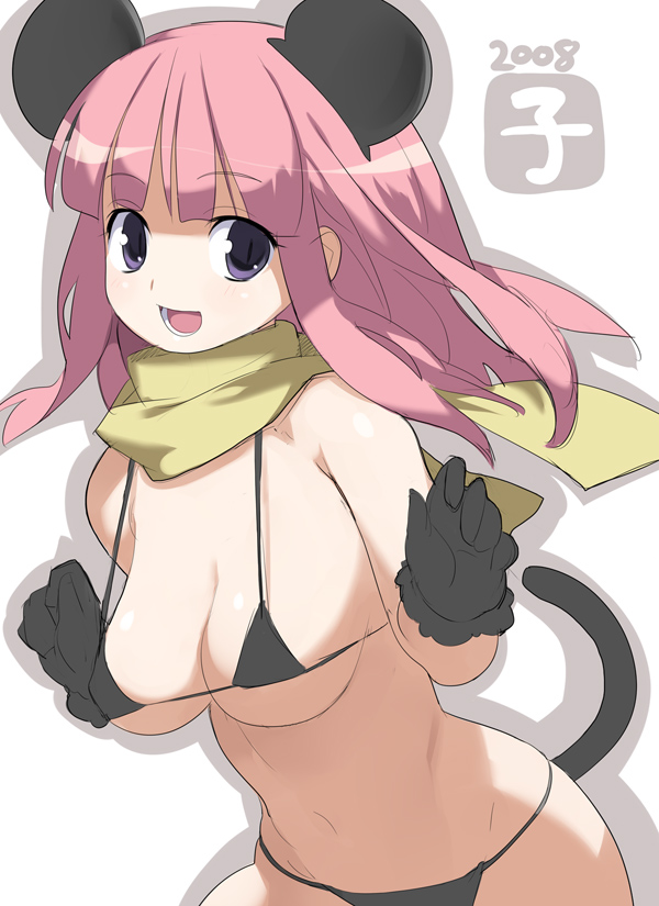 nora higuma, original, 1girl, animal ears, bikini, black bikini, breasts, cleavage, female focus, gloves, large breasts, mouse ears, pink hair, scarf, solo, swimsuit, tail
