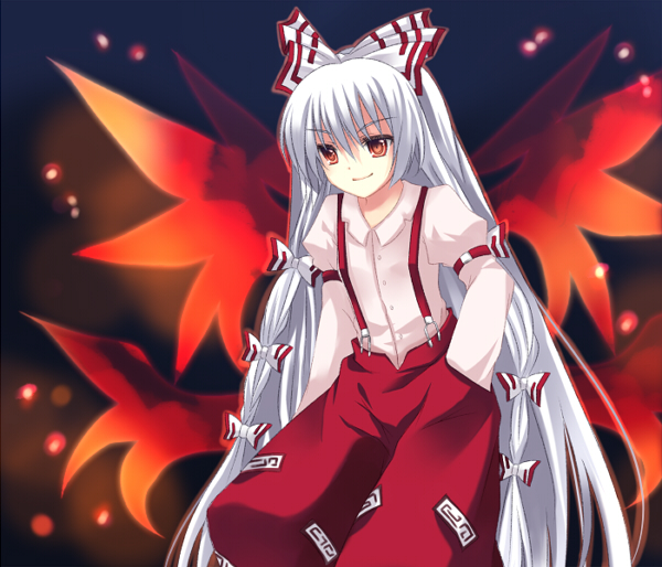takase kanan, fujiwara no mokou, touhou, silver hair, bad id, bad pixiv id, 1girl, bow, female focus, hair bow, long hair, multiple hair bows, ofuda, red eyes, smile, solo, standing, suspenders, very long hair, wings