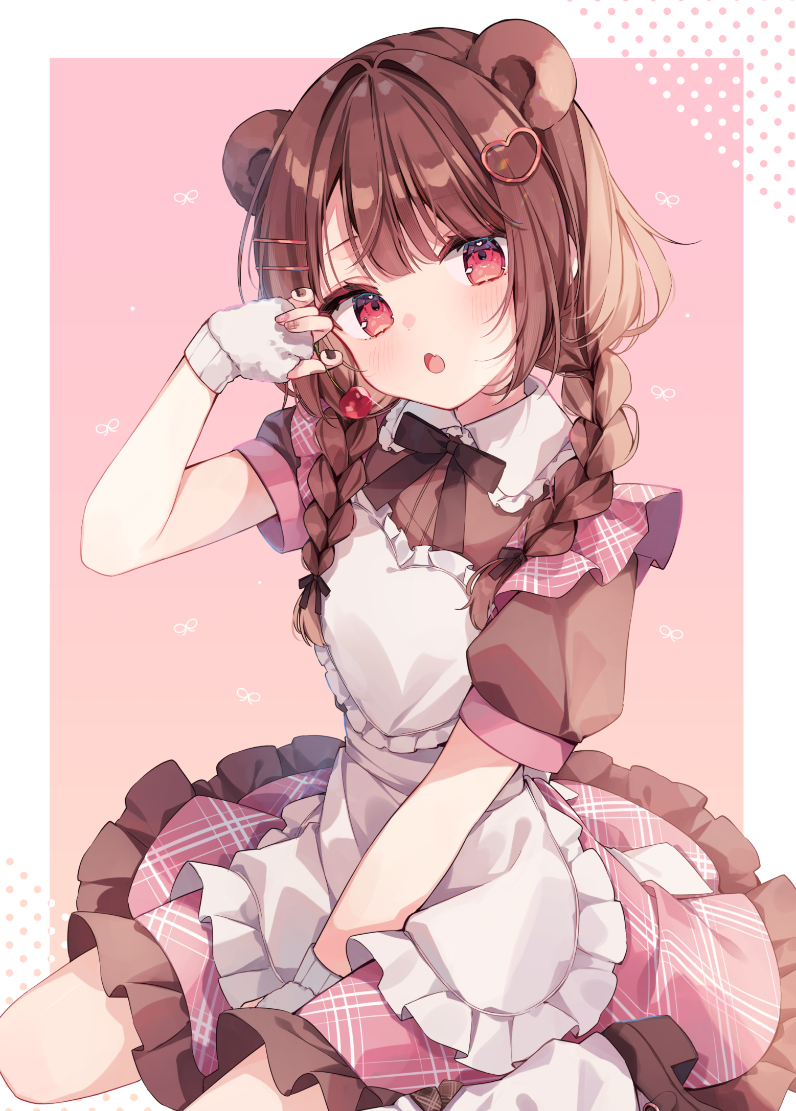 heripiro, original, commentary request, highres, 1girl, animal ears, apron, bear ears, blush, bow, braid, brown dress, brown hair, dress, fingerless gloves, gloves, hair ornament, long hair, looking at viewer, open mouth, pink dress, red eyes, short sleeves, sitting, smile, solo, twin braids, wariza, white apron, white gloves