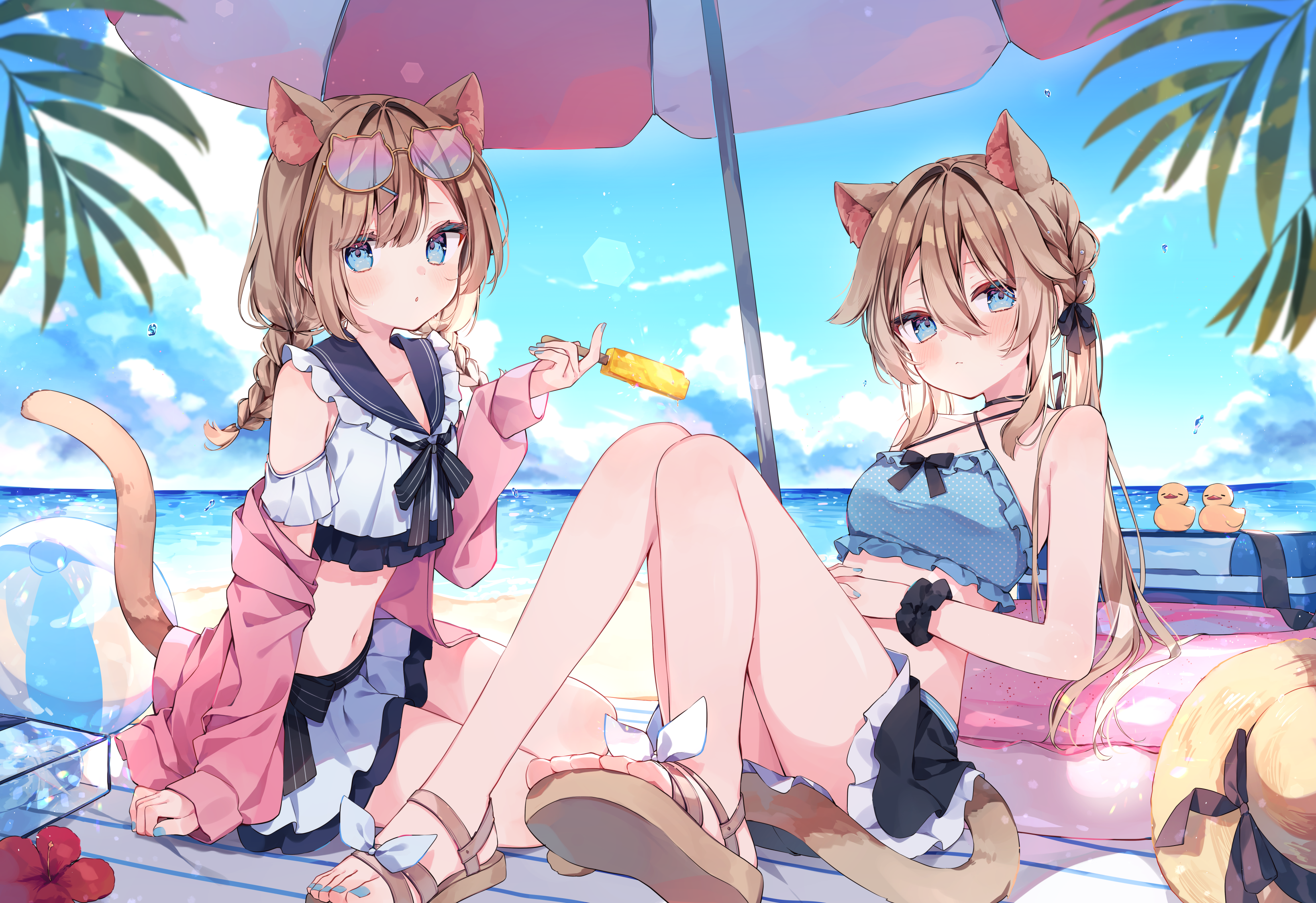 heripiro, original, absurdres, commentary request, highres, 2girls, animal ears, ball, beachball, bikini, bikini skirt, black ribbon, black skirt, blue-tinted eyewear, blue bikini, blue eyes, blue nails, blue sailor collar, blue sky, braid, brown hair, brown sandals, cat ears, cat eye-framed eyewear, cat girl, cat tail, day, frilled bikini, frills, long hair, low twin braids, medium hair, multicolor-tinted eyewear, multiple girls, nail polish, navel, neck ribbon, outdoors, parasol, ponytail, purple-tinted eyewear, ribbon, sailor collar, sandals, skirt, sky, swimsuit, tail, tinted eyewear, toenail polish, toenails, twin braids, umbrella, white bikini, white skirt
