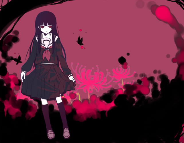 harano, enma ai, jigoku shoujo, bad id, bad pixiv id, 00s, 1girl, black serafuku, blunt bangs, female focus, flower, hime cut, kneehighs, loafers, long hair, red flower, school uniform, serafuku, shoes, socks, solo, spider lily