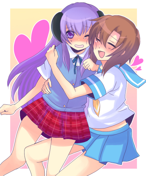 harano, hanyuu, ryuuguu rena, higurashi no naku koro ni, bad id, bad pixiv id, 00s, 2girls, cheek-to-cheek, heads together, multiple girls, school uniform, serafuku, take it home, yuri