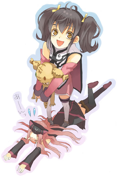 anise tatlin, arietta (tales), tokunaga (tales), tales of (series), tales of the abyss, 00s, 2girls, black hair, doll, multiple girls, pink hair, thighhighs
