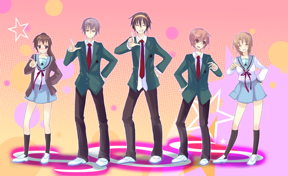 harano, asahina mikuru, asahina mitsuru, koizumi itsuki, koizumi itsuki (female), kyon, kyonko, nagato yuki, nagato yuuki, suzumiya haruhi, suzumiya haruhiko, hare hare yukai, suzumiya haruhi no yuuutsu, bad id, bad pixiv id, duplicate, 00s, 2girls, 3boys, blue sailor collar, genderswap, genderswap (ftm), genderswap (mtf), kita high school uniform, multiple boys, multiple girls, sailor collar, school uniform, serafuku