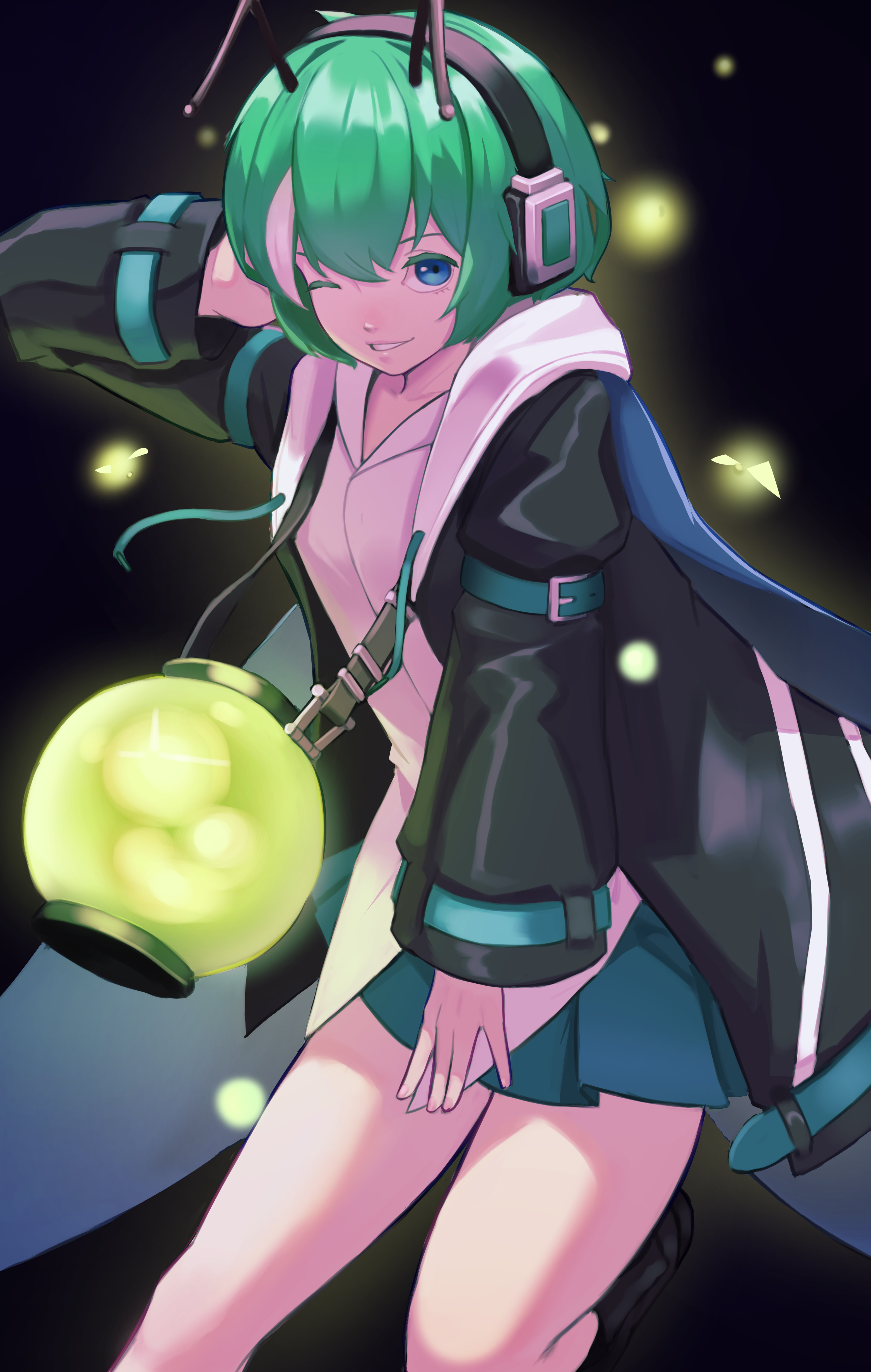 affogato (pixiv 98217350), wriggle nightbug, touhou, absurdres, commentary, commission, english commentary, highres, 1girl, alternate costume, antennae, black background, black jacket, blue eyes, blue skirt, bug, cowboy shot, fireflies, firefly, green hair, grin, hand on headphones, headphones, insect, jacket, long sleeves, looking at viewer, one eye closed, open clothes, open jacket, pleated skirt, shirt, short hair, skirt, smile, solo, white shirt