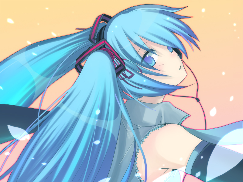harano, hatsune miku, vocaloid, bad id, bad pixiv id, 1girl, aqua hair, blue eyes, detached sleeves, earbuds, earphones, female focus, long hair, solo, twintails, upper body