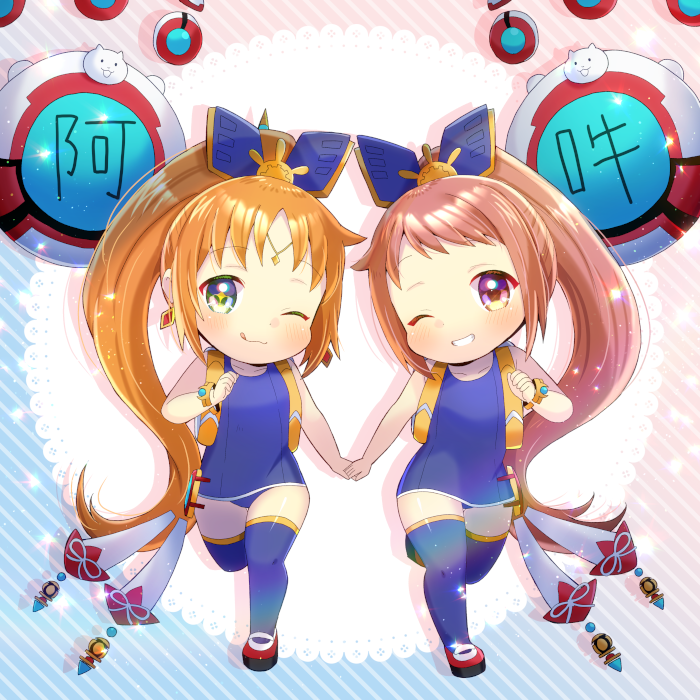 kou hiyoyo, wakabayashi tomoka, idolmaster, idolmaster cinderella girls, monster strike, commentary request, 2girls, ;q, ayutthaya (monster strike), blue one-piece swimsuit, blue thighhighs, holding hands, jewelry, long hair, multi-source commentary, multiple girls, one-piece swimsuit, one eye closed, ponytail, school swimsuit, shoes, smile, swimsuit, thighhighs, tongue, tongue out, very long hair