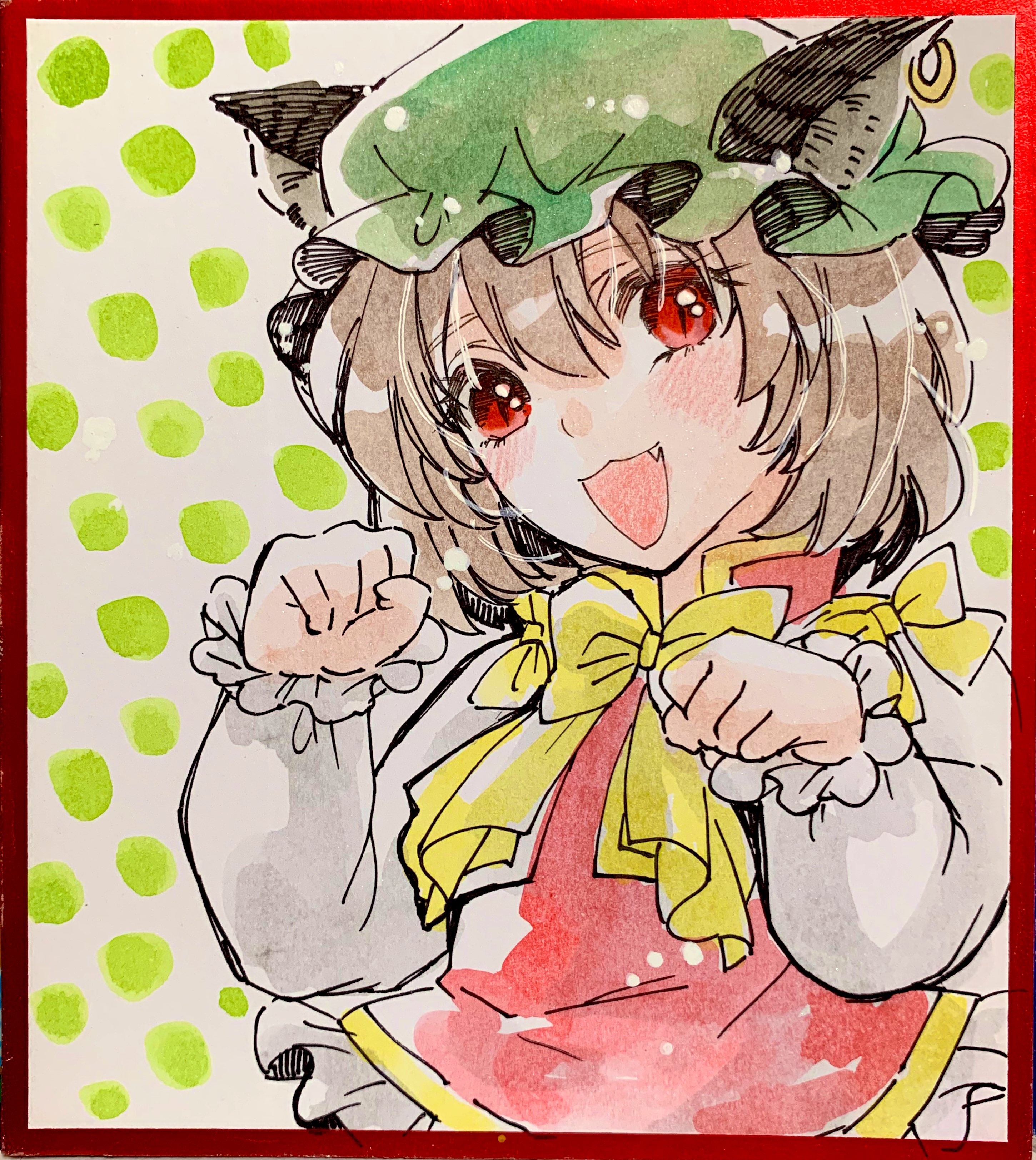 akaioringo2023, chen, touhou, absurdres, highres, painting (medium), traditional media, watercolor (medium), 1girl, animal ears, border, brown hair, cat ears, cat girl, clenched hands, dotted background, fang, hat, looking at viewer, mob cap, open mouth, red border, red eyes, red vest, shirt, short hair, solo, vest, white shirt