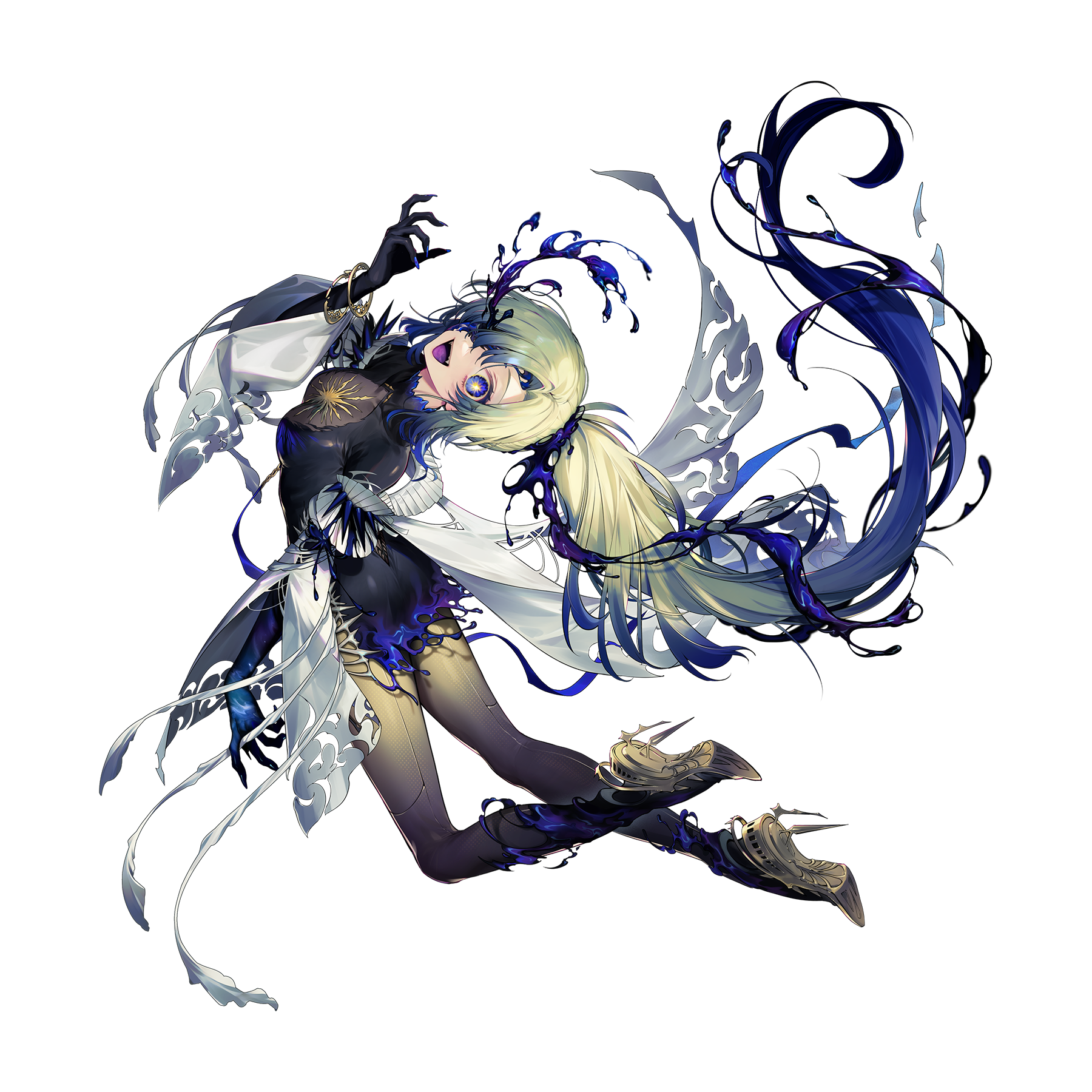 suzunashi, arcaea, highres, non-web source, 1girl, black bodysuit, black gloves, black thighhighs, blonde hair, blue eyes, bodystocking, bodysuit, breasts, corruption, crazy smile, curtained hair, fangs, gloves, green hair, hair over one eye, high ponytail, jacket, jewelry, medium breasts, medium hair, multiple rings, nonoka (awakended) (arcaea), one eye covered, ponytail, possessed, ring, smile, solo, star-shaped pupils, star (symbol), symbol-shaped pupils, thighhighs, white jacket, white sleeves, yellow thighhighs