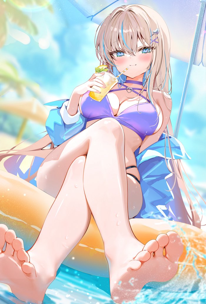 pon (ponidrop), original, 1girl, barefoot, beach, bikini, blonde hair, blue eyes, blue hair, blue jacket, blue sky, blush, breasts, choker, cleavage, closed mouth, cloud, crossed legs, cup, drinking glass, drinking straw, hair between eyes, hair ornament, hairclip, holding, holding cup, holding umbrella, innertube, jacket, large breasts, legs, lemonade, long hair, long sleeves, looking at viewer, multicolored hair, open clothes, open jacket, outdoors, palm tree, purple bikini, purple choker, sky, smile, solo, streaked hair, swim ring, swimsuit, thighs, tree, umbrella, water