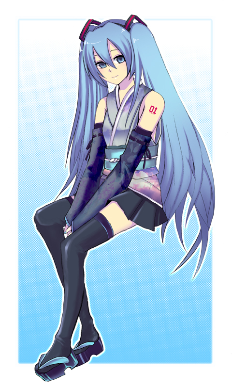 harano, hatsune miku, vocaloid, bad id, bad pixiv id, 1girl, blue hair, female focus, japanese clothes, long hair, skirt, solo, thighhighs, twintails, very long hair