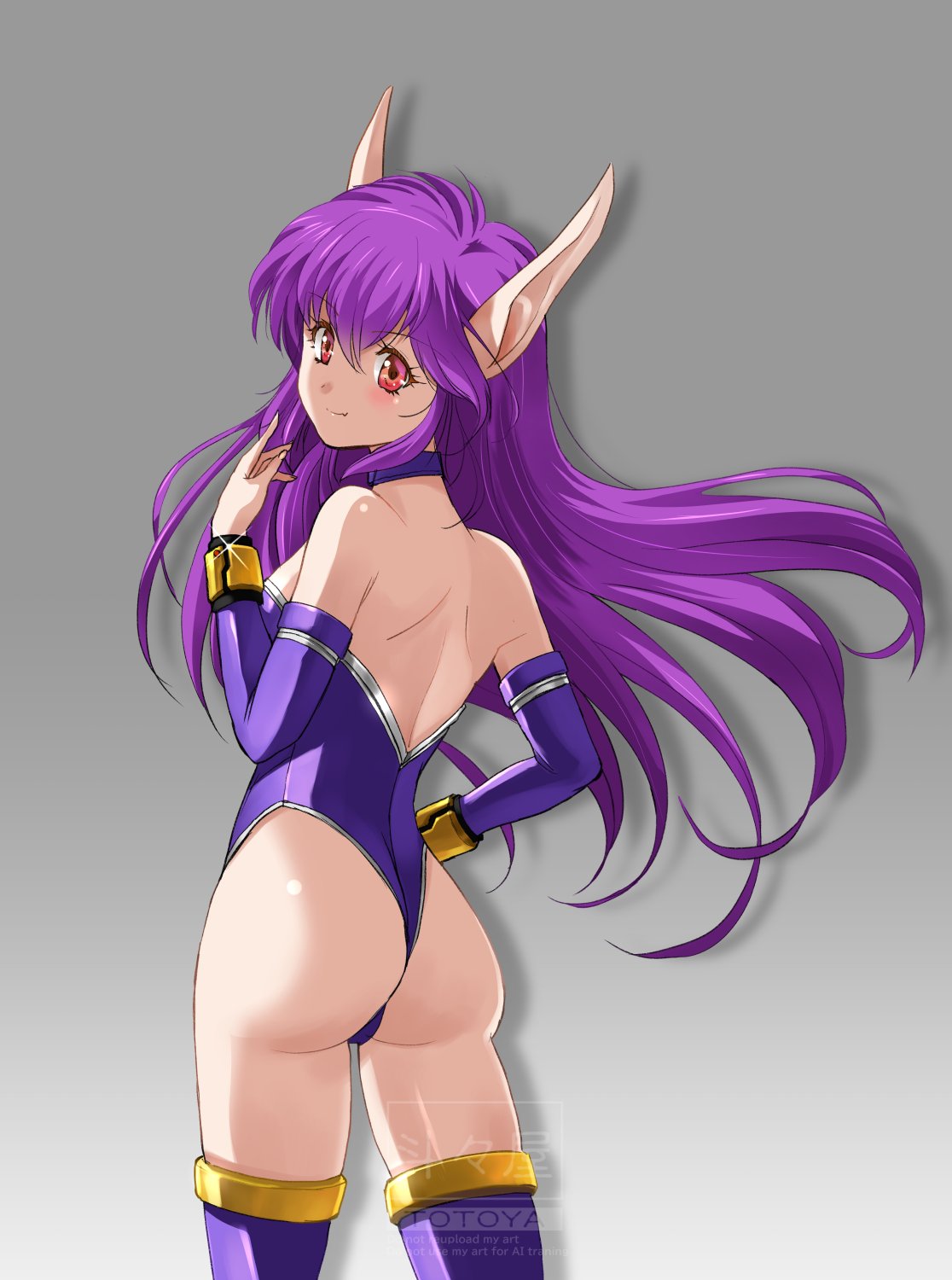 judy totoya, nei, phantasy star, phantasy star ii, 1980s (style), commentary request, highres, 1girl, ass, bare shoulders, boots, breasts, choker, closed mouth, elbow gloves, fingerless gloves, from behind, gloves, latex, latex boots, leotard, long hair, looking at viewer, oldschool, pointy ears, purple choker, purple gloves, purple hair, purple leotard, purple thighhighs, red eyes, retro artstyle, science fiction, shiny skin, smile, solo, standing, thighhighs, watermark