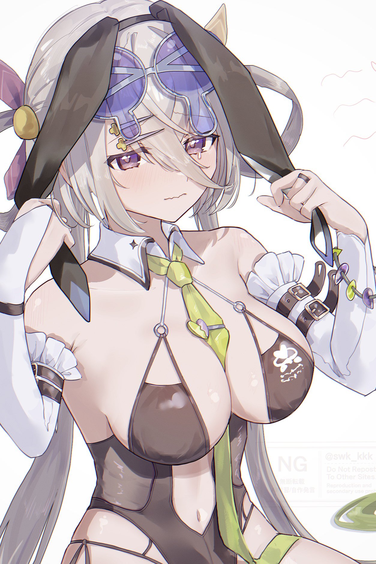 suwa (swk kkk), huyan zhuo (fate), huyan zhuo (swimsuit berserker) (fate), fate/grand order, fate (series), highres, animal ears, bikini, black bikini, breasts, crying, crying with eyes open, eyewear on head, fake animal ears, glasses, heart, long hair, looking at viewer, necktie, purple eyes, simple background, swimsuit, tears, white background, white hair