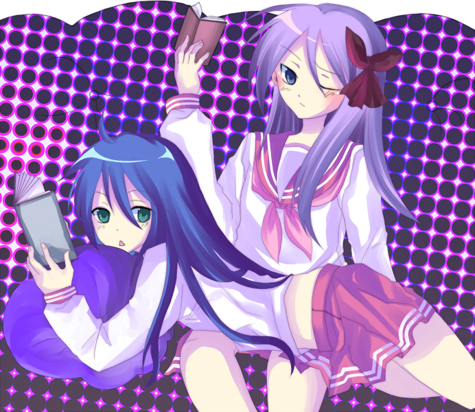 harano, hiiragi kagami, izumi konata, lucky star, bad id, bad pixiv id, 00s, 2girls, ;), blue hair, blush, green eyes, holding, long hair, long sleeves, looking at viewer, miniskirt, multiple girls, one eye closed, pink hair, pleated skirt, red skirt, ryouou school uniform, sailor collar, school uniform, serafuku, skirt, smile, standing, very long hair
