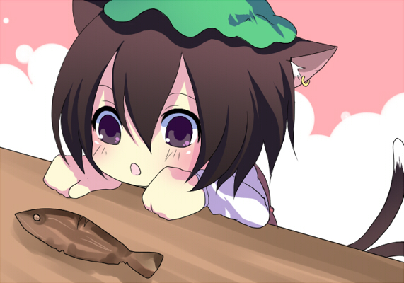 harano, chen, touhou, bad id, bad pixiv id, 1girl, animal ears, brown eyes, brown hair, cat ears, cat girl, cat tail, earrings, female focus, fish, hat, jewelry, multiple tails, open mouth, short hair, solo, tail, upper body