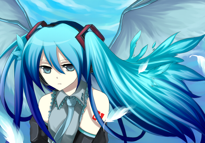 harano, hatsune miku, vocaloid, bad id, bad pixiv id, 1girl, aqua hair, aqua necktie, blue eyes, closed mouth, detached sleeves, expressionless, feathers, female focus, headgear, jitome, long hair, long sleeves, looking at viewer, necktie, solo, tattoo, twintails, very long hair