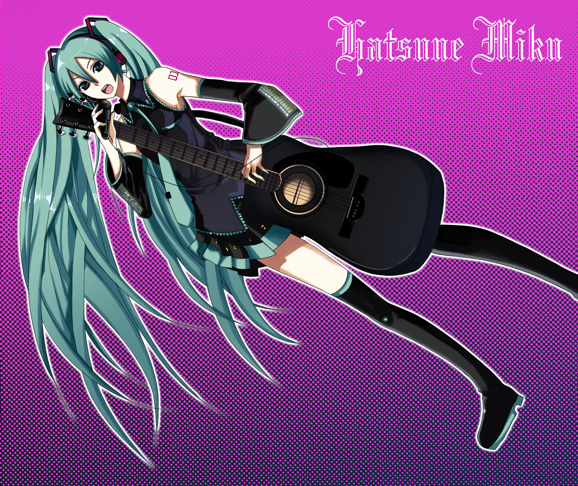 harano, hatsune miku, vocaloid, bad id, bad pixiv id, highres, 1girl, female focus, green hair, guitar, instrument, long hair, solo, thighhighs, very long hair