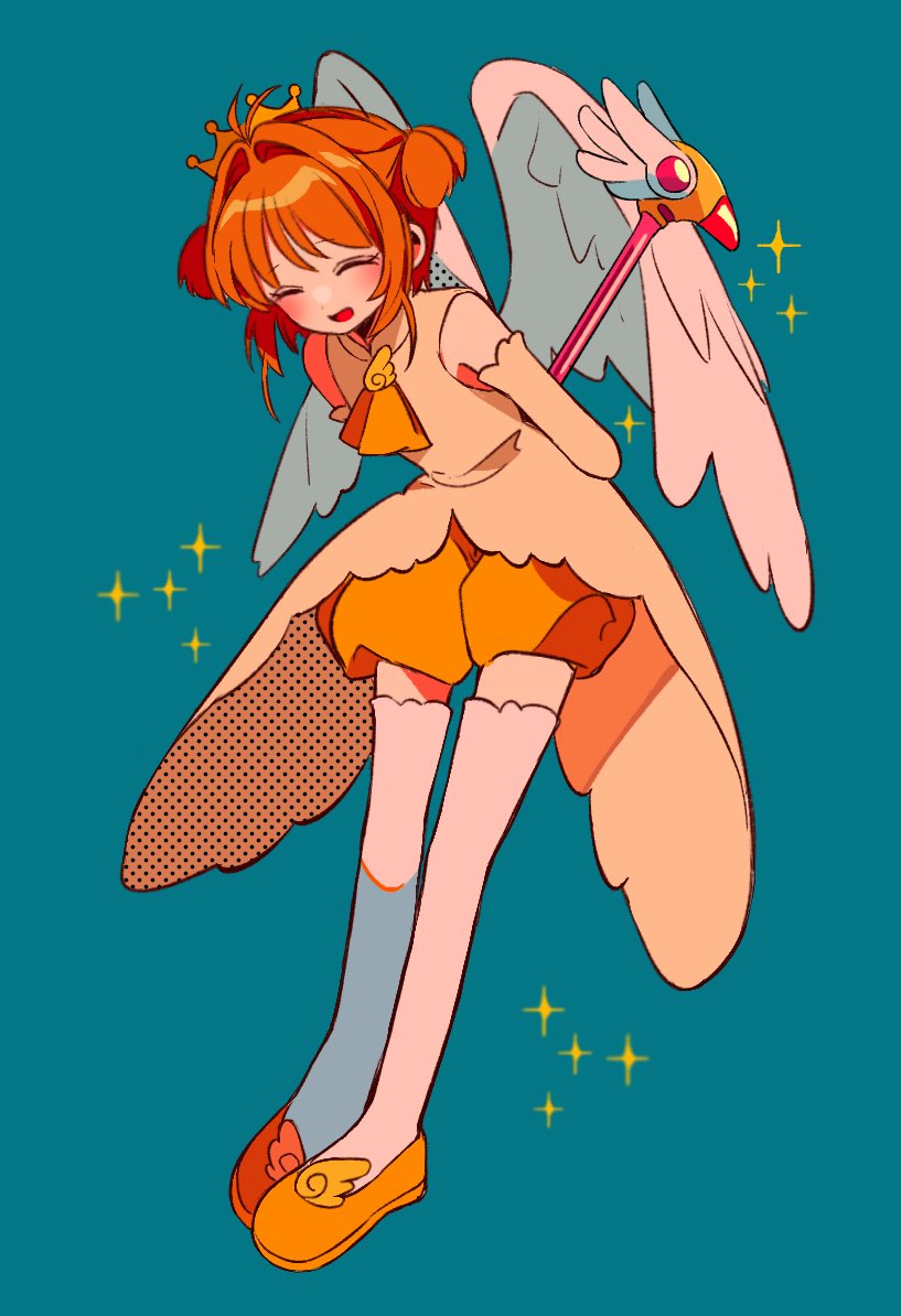sanamaru (sana79261827), kinomoto sakura, kinomoto sakura (miraculous sakura), cardcaptor sakura, commentary, symbol-only commentary, 1girl, :d, ^ ^, antenna hair, ascot, bare shoulders, bloomers, blush, closed eyes, crown, double bun, dress, elbow gloves, feathered wings, full body, gloves, hair bun, holding, holding wand, open mouth, orange hair, shoes, short hair, simple background, sleeveless, sleeveless dress, smile, solo, sparkle, standing, thighhighs, underwear, wand, white dress, white gloves, white thighhighs, white wings, wings, yellow ascot, yellow bloomers, yellow shoes
