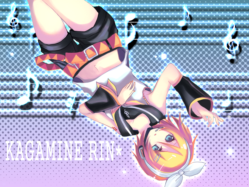 harano, kagamine rin, vocaloid, bad id, bad pixiv id, 1girl, aqua eyes, belt, black shorts, blonde hair, blue eyes, buckle, character name, detached sleeves, eighth note, female focus, looking at viewer, midriff, musical note, musical staff, navel, neckerchief, quaver, sailor collar, school uniform, serafuku, short hair, short shorts, short sleeves, shorts, solo, stomach, tattoo, treble clef, upside-down