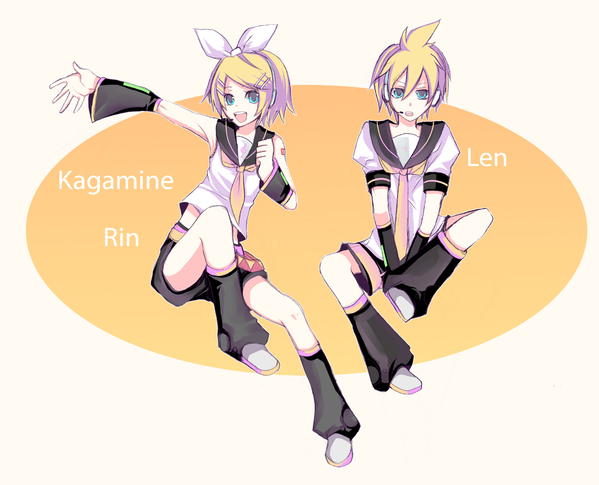 harano, kagamine len, kagamine rin, vocaloid, bad id, bad pixiv id, 1boy, 1girl, aqua eyes, blonde hair, brother and sister, detached sleeves, headset, siblings, twins